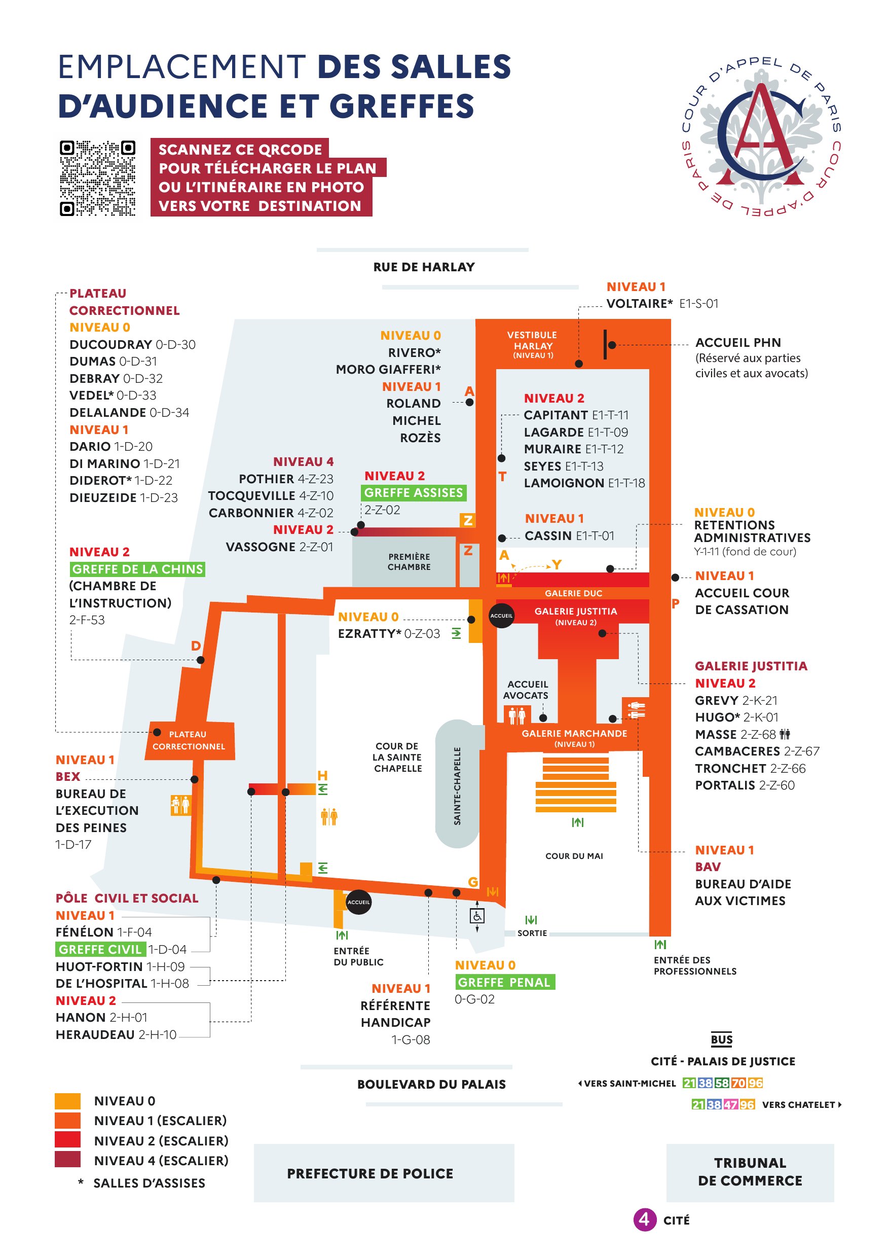 Plan de la cour d'appel de Paris 2026 : emplacement des salles d'audience, de la première chambre (prestation de serment) et des greffes au palais de la Cité